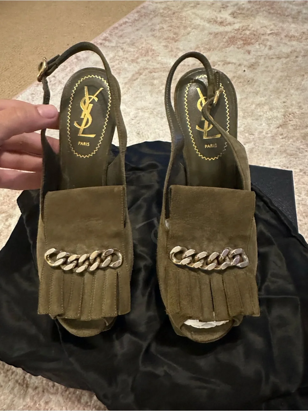Saint Laurent Olive Green Suede Fringe Slingback Heels with Gold Chain - Picture 1 of 5